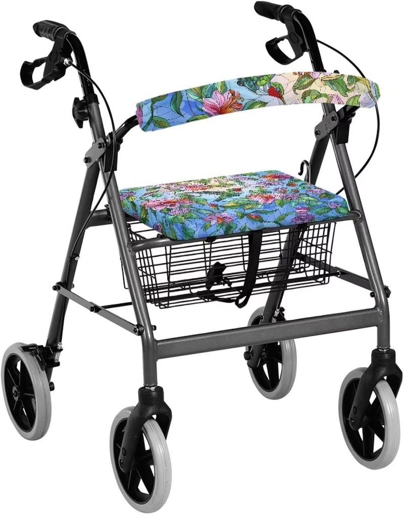 Vanideaoty Hummingbird Floral Rollator Seat Cushion Back Bar Cover Set Rollator Walker Seat Back Covers Stretchable Material Protection Decor Suitable for Parks - Image 1